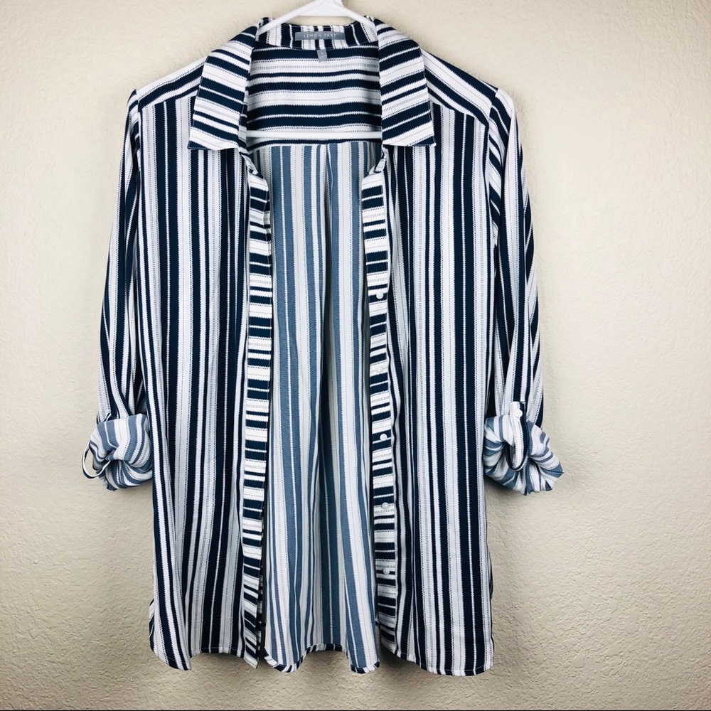Lemon Tart Button Down Navy & White Stripe